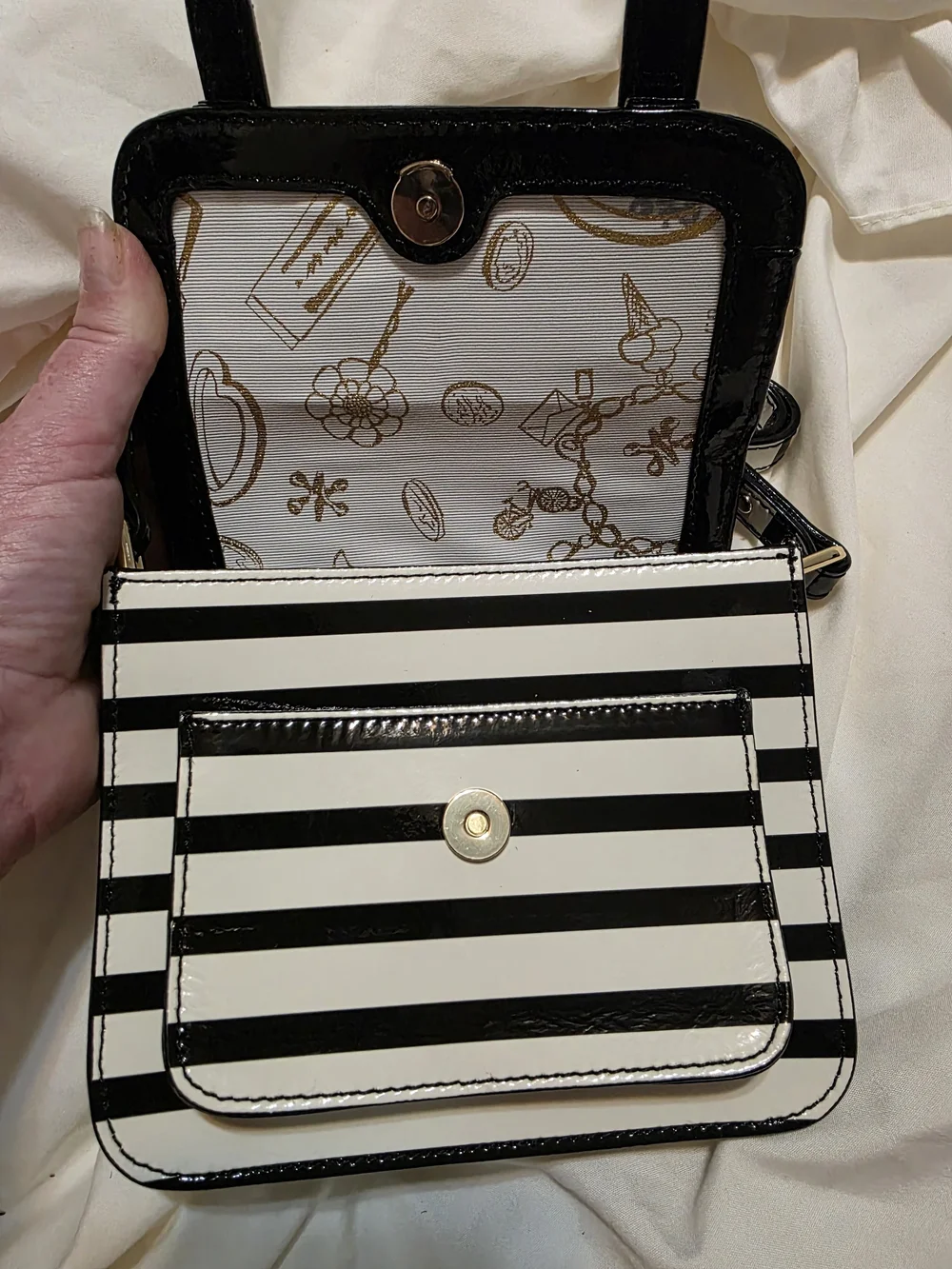 kate spade Black and White Striped Patent Crossbody with Gold Hardware